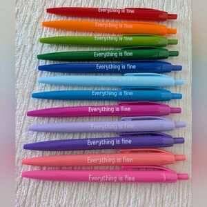 12 Ink Pens "Everything Is Fine", Click Top Plastic Writing In Black Ink